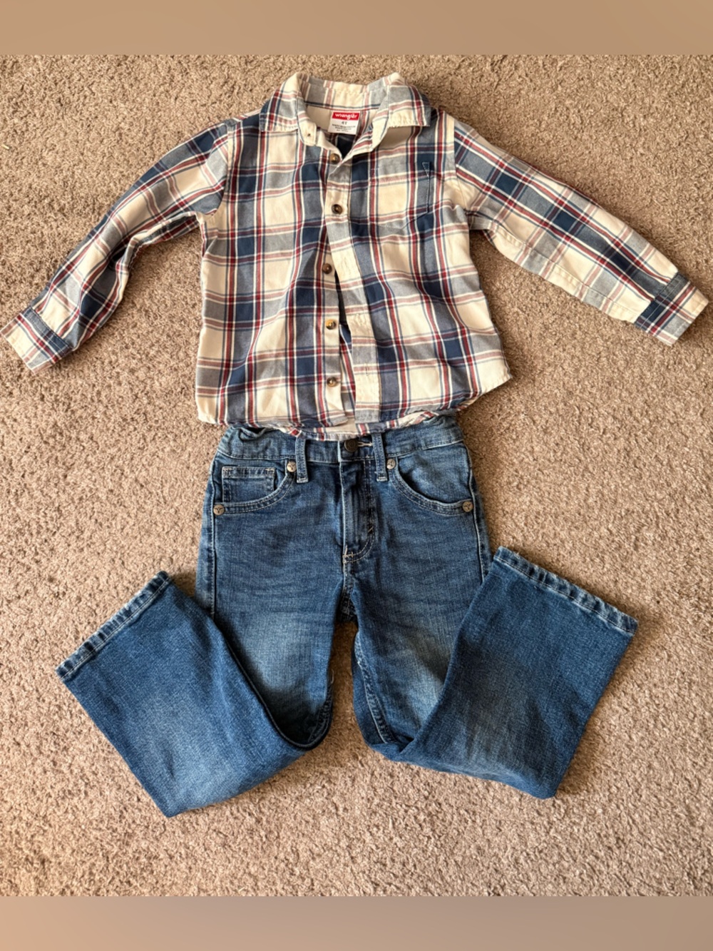Wrangler 4T Bundle! Cream Plaid Shirt with Sz. 4T Regular Jeans